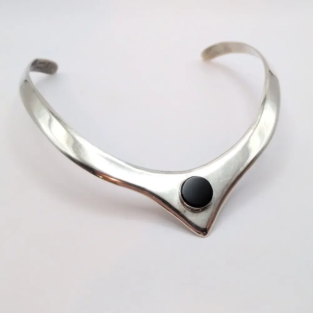 Vintage Taxco Mexico Sterling Silver 925 Onyx Pointed Collar Necklace 54g - Picture 5 of 8